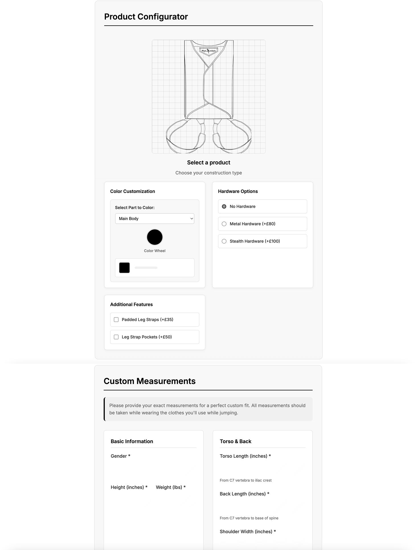 Product configuration tool showing the product preview and options